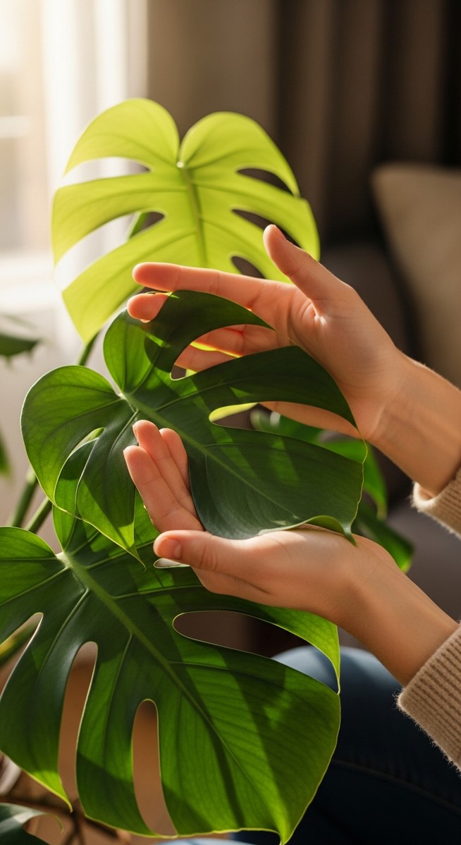 hands touching the leaves of a healthy monstera plant