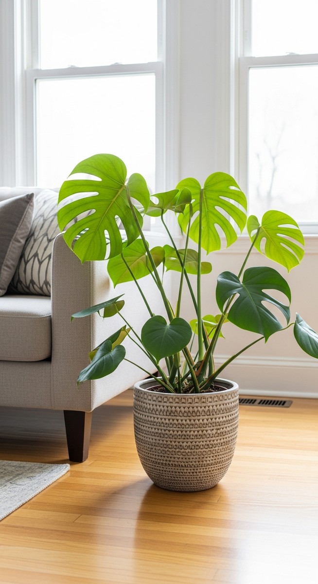 a monstera plant in a decorative pot on a wooden floor