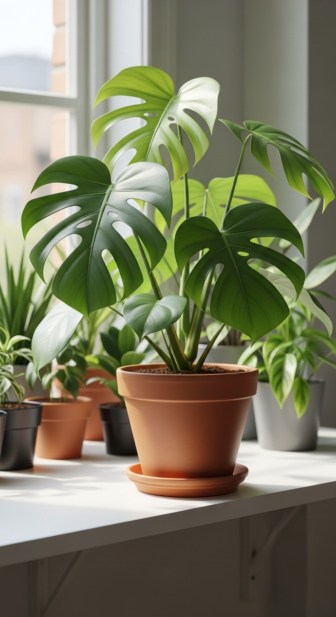 a lush monstera plant in a terracotta pot on a white shelf