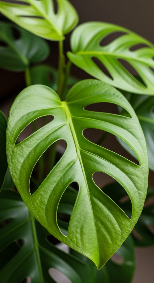 close-up of healthy monstera leaves showing vivid colour and texture, for monstera adansonii