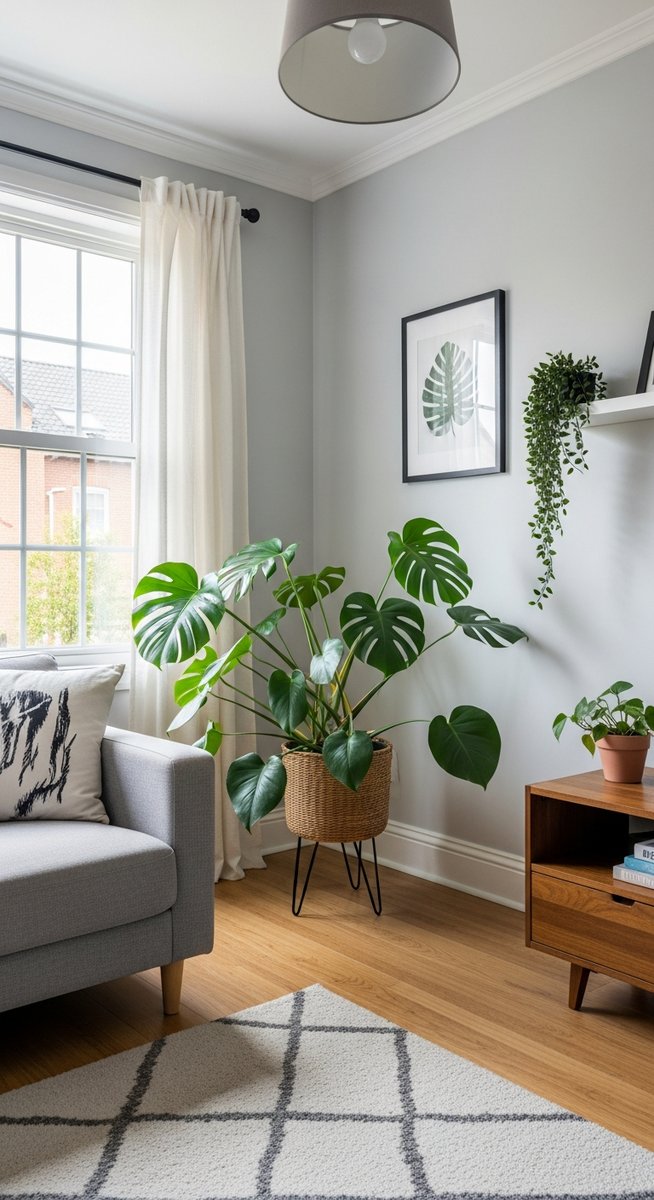 a large thriving monstera plant as a living room focal point, for monstera adansonii