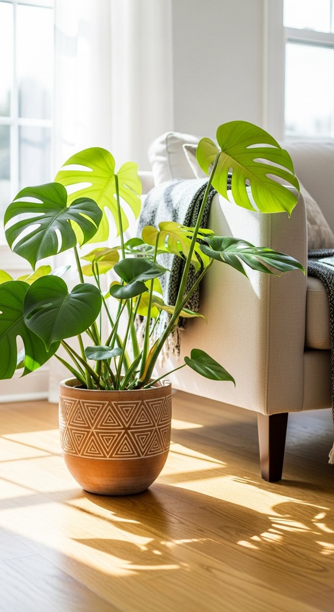 a monstera plant in a decorative pot on a wooden floor