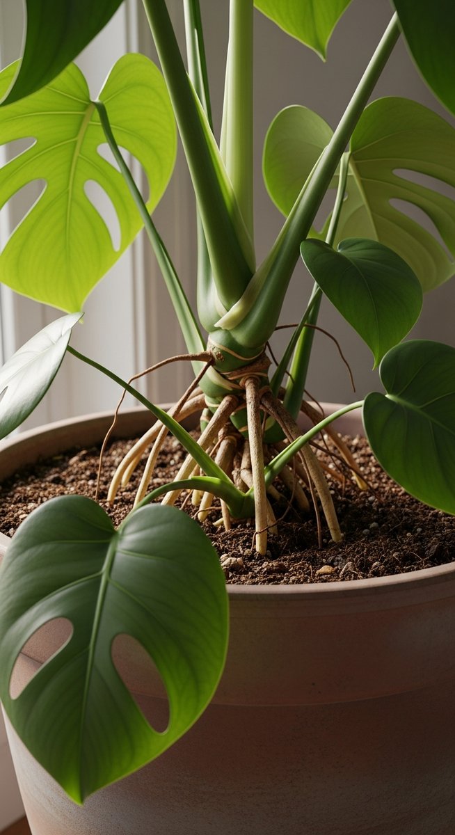 close-up of the base and lower leaves of a monstera plant, for monstera adansonii
