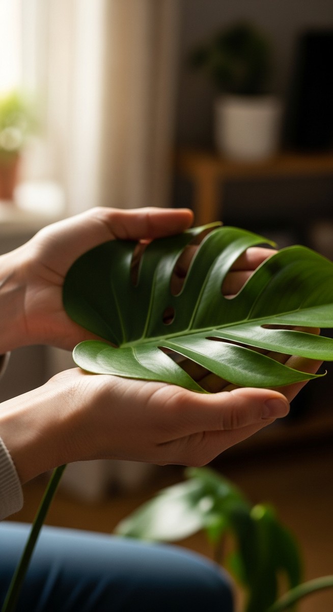 hands touching the leaves of a healthy monstera plant