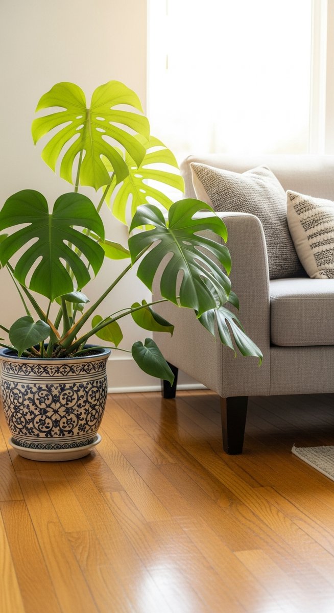 a monstera plant in a decorative pot on a wooden floor