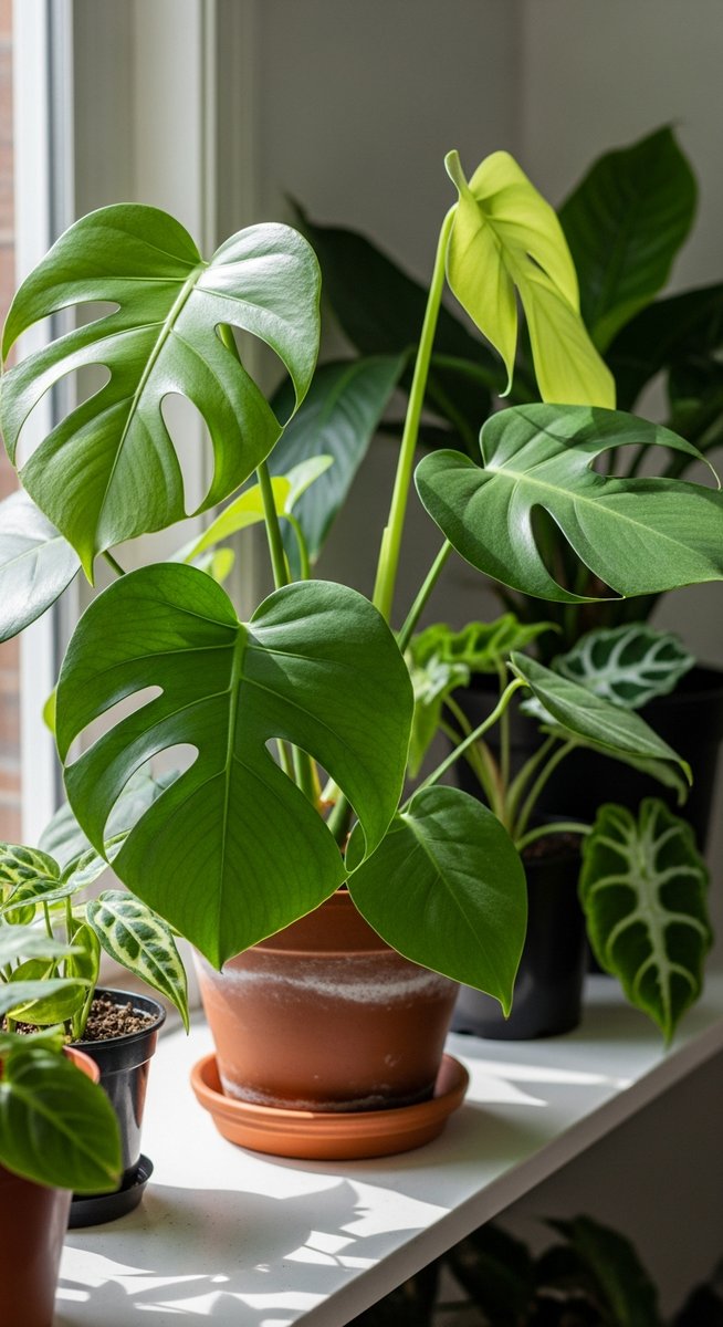 a lush monstera plant in a terracotta pot on a white shelf