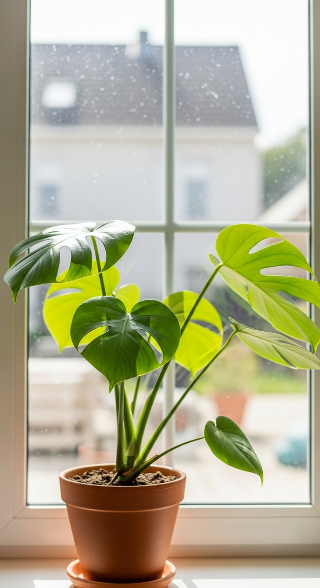 a monstera plant in a pot near a bright window