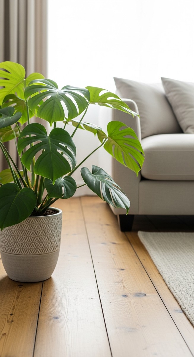 a monstera plant in a decorative pot on a wooden floor