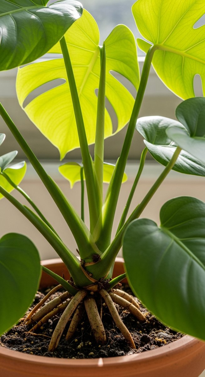 close-up of the base and lower leaves of a monstera plant, for monstera albo