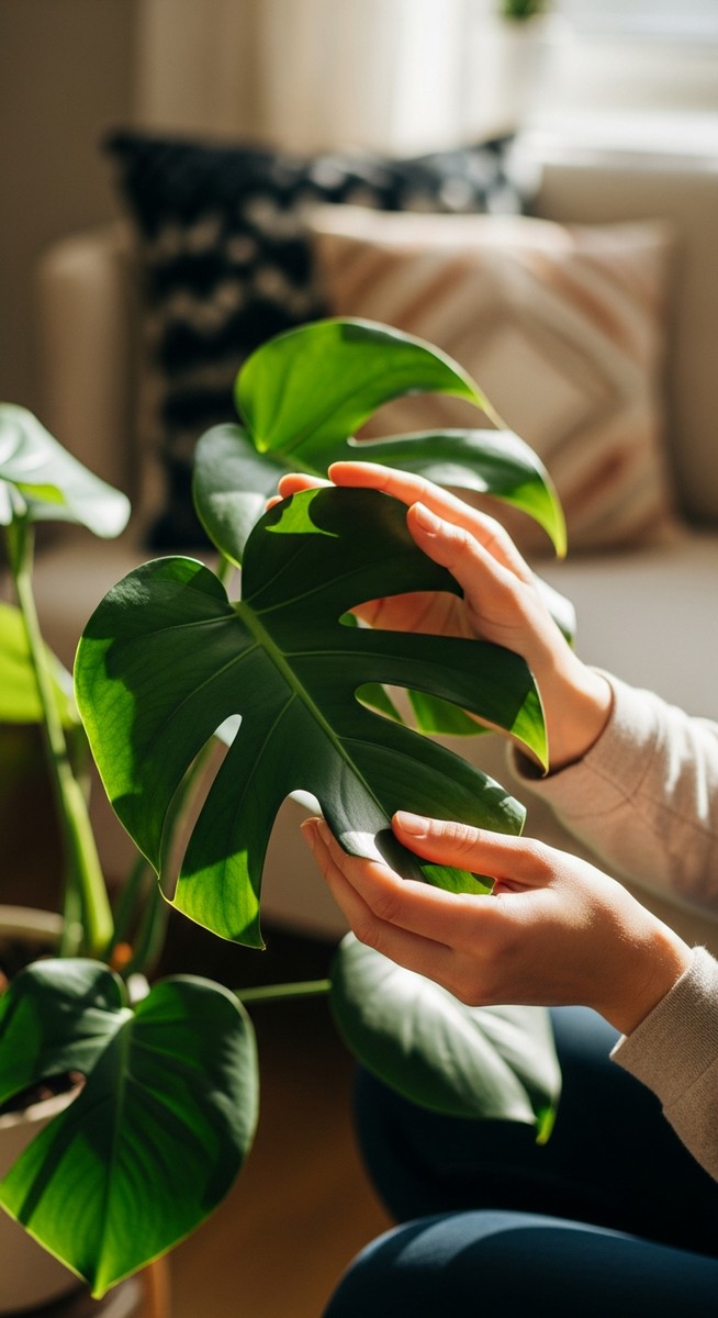hands touching the leaves of a healthy monstera plant