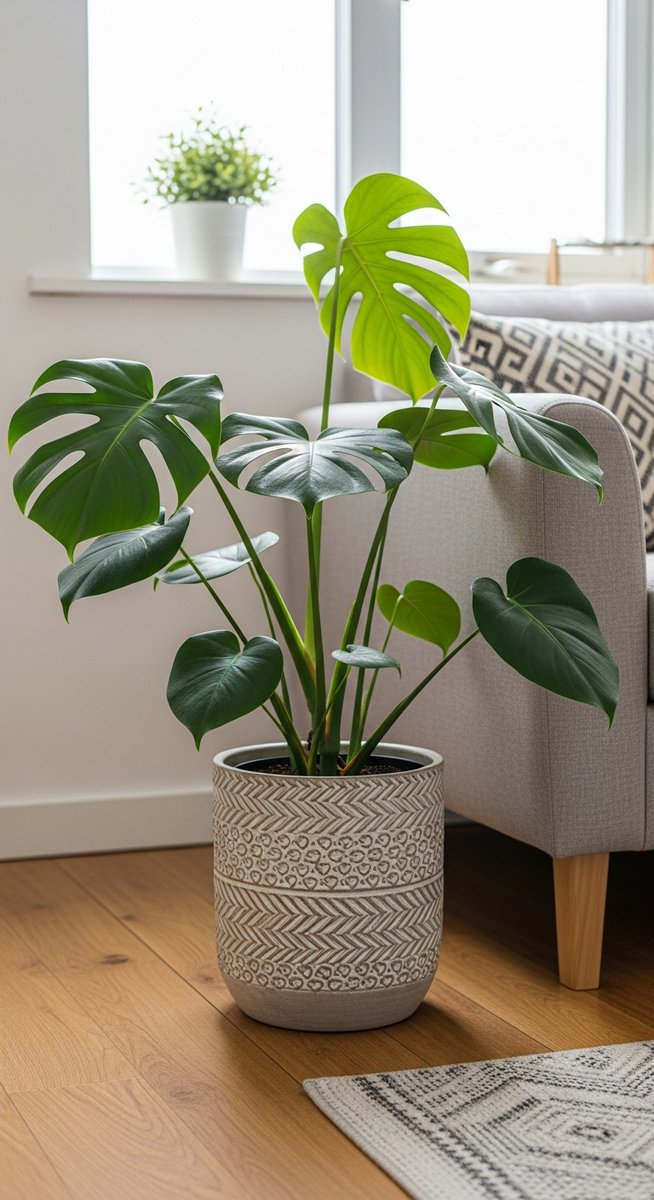 a monstera plant in a decorative pot on a wooden floor