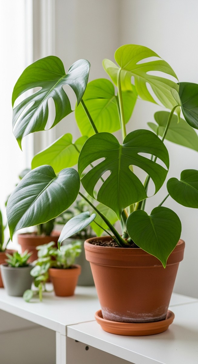 a lush monstera plant in a terracotta pot on a white shelf