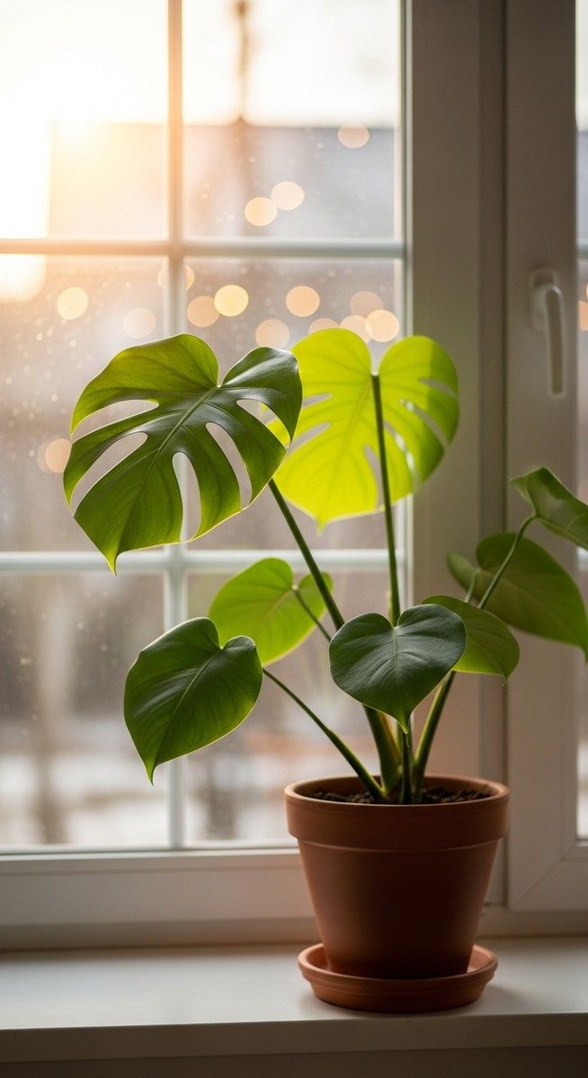 a monstera plant in a pot near a bright window