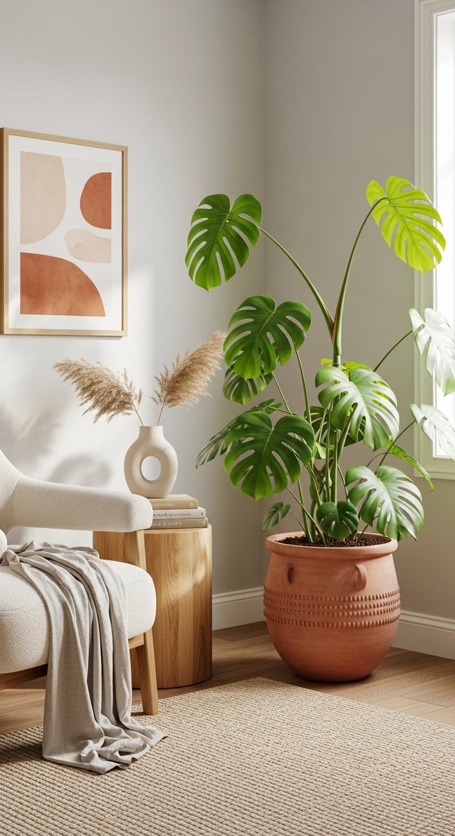 a large thriving monstera plant as a living room focal point, for monstera aurea