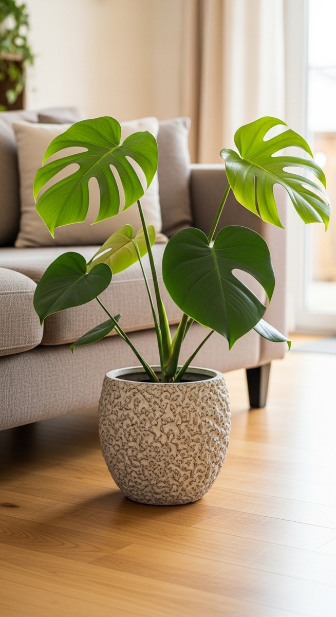 a monstera plant in a decorative pot on a wooden floor