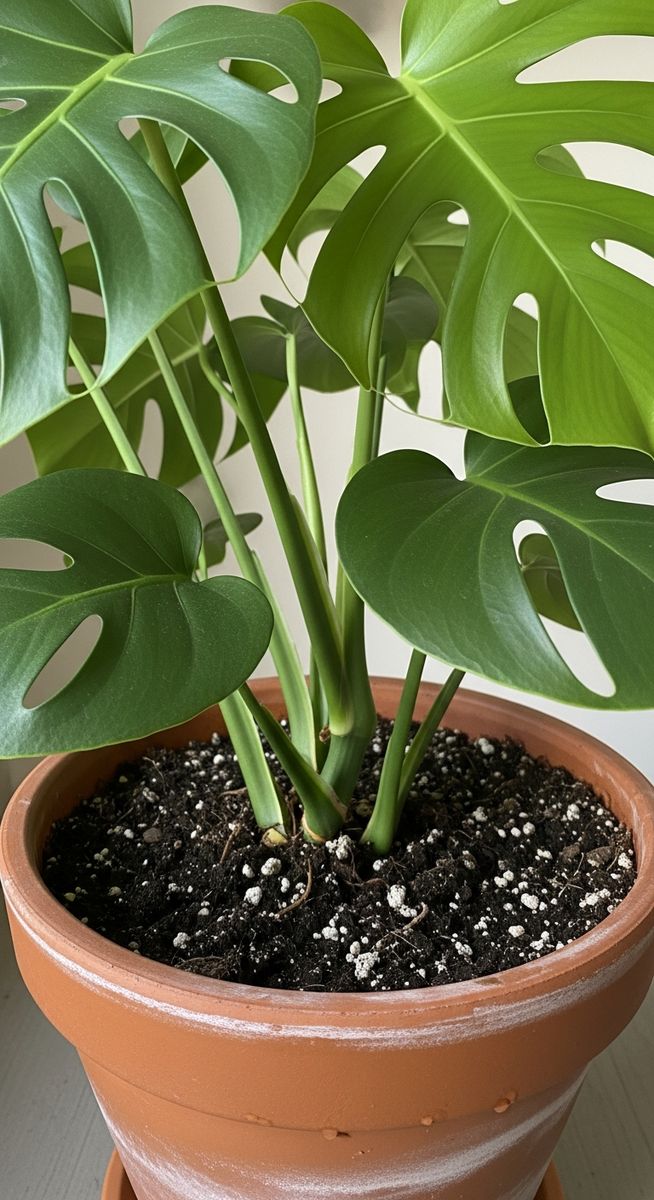 close-up of the base and lower leaves of a monstera plant, for monstera aurea