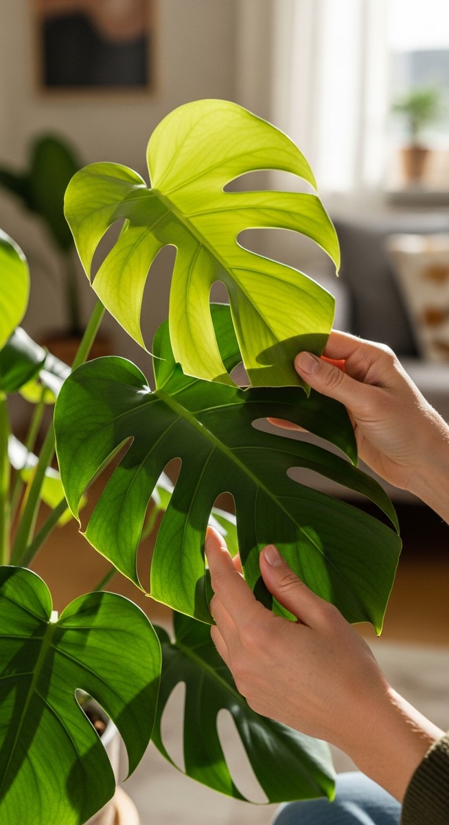 hands touching the leaves of a healthy monstera plant