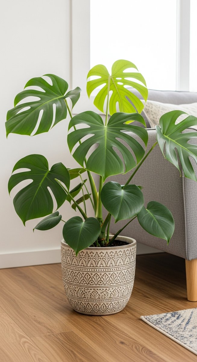 a monstera plant in a decorative pot on a wooden floor