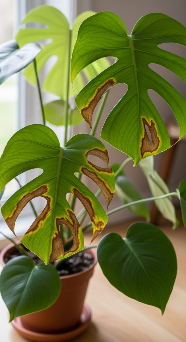 a monstera plant with several leaves showing brown spot damage