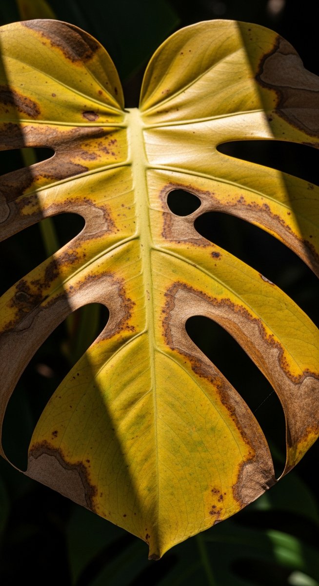 close-up of a single monstera leaf with brown spots and discolouration, for monstera black spots