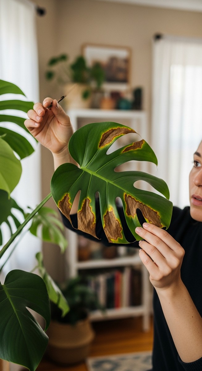 a person inspecting brown spots on a monstera leaf