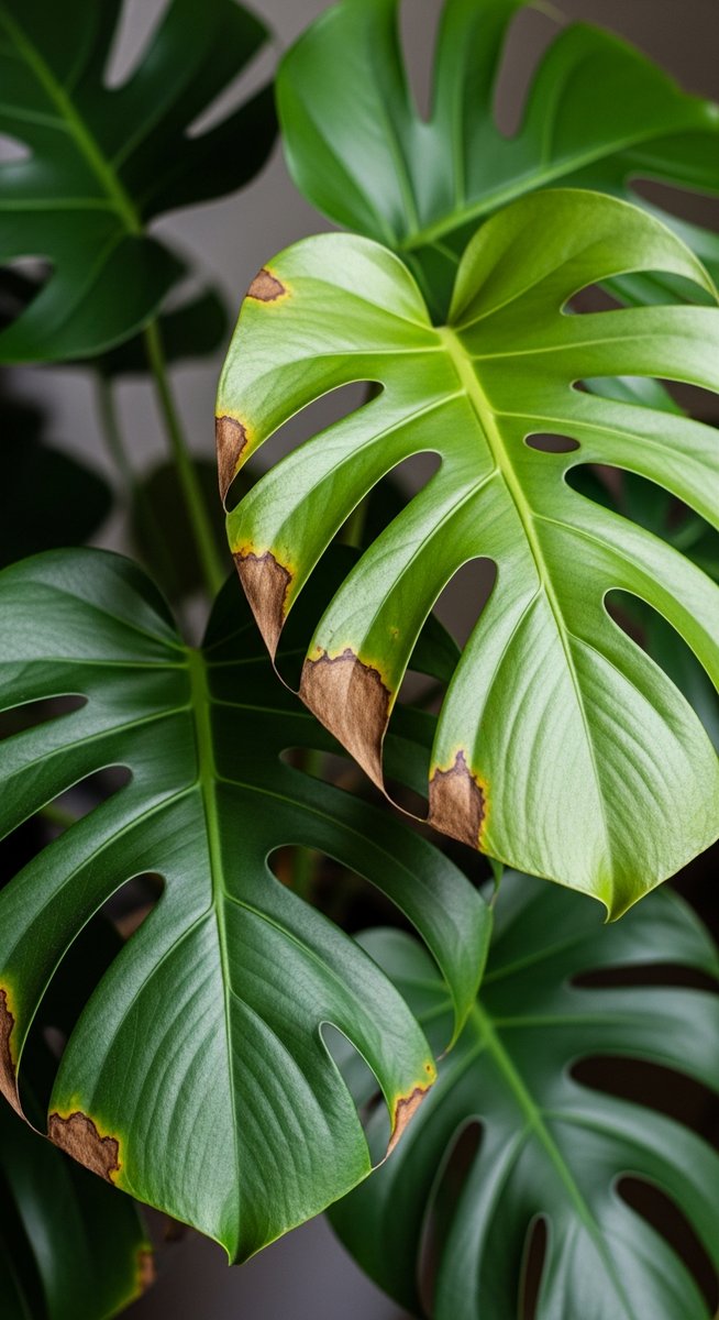 close-up of monstera leaves showing brown edges and spots, for monstera black spots