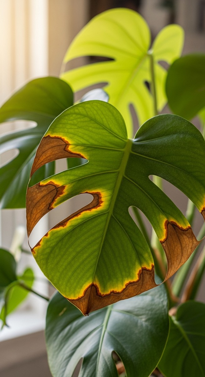 a monstera plant with brown spotted leaves in a home setting
