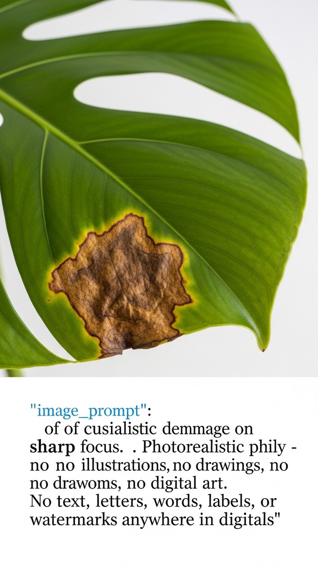 macro close-up of brown spot damage on a monstera leaf, for monstera black spots