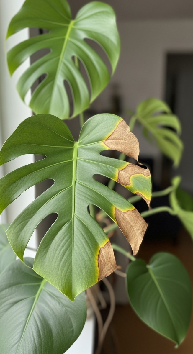 a monstera plant with brown spotted leaves in a home setting