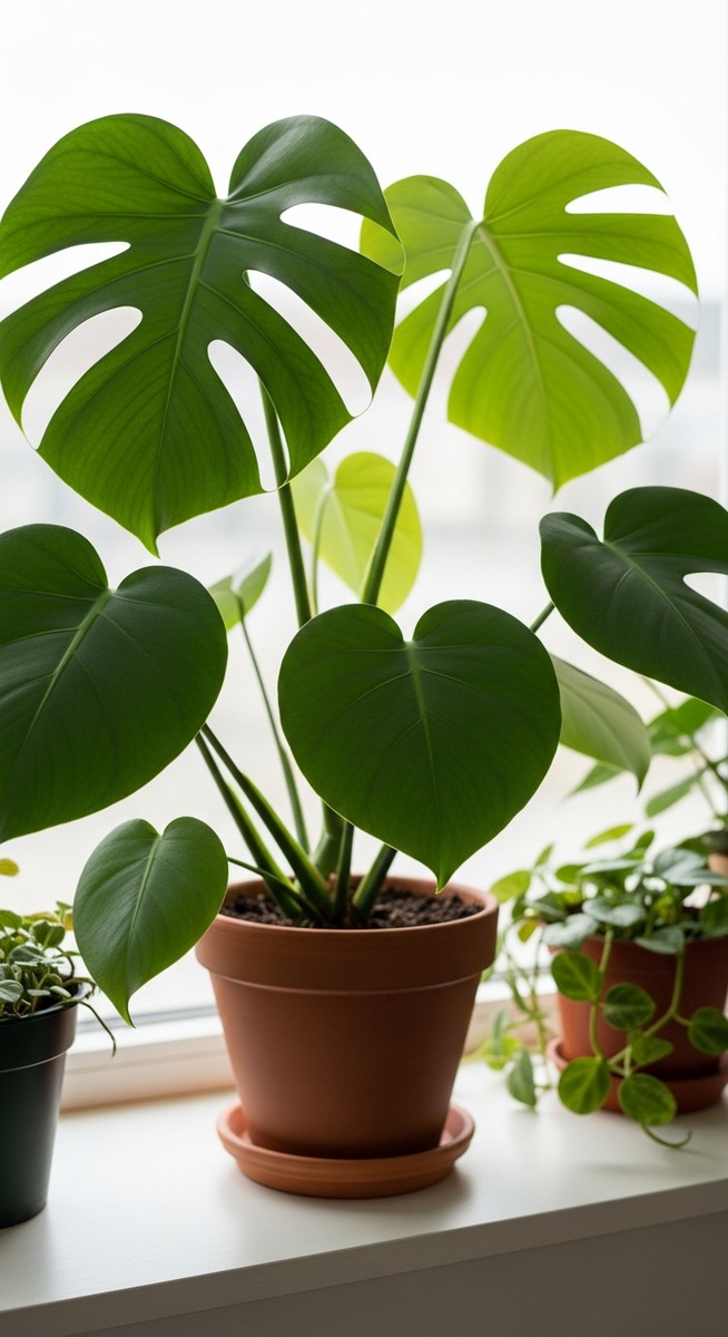 a lush monstera plant in a terracotta pot on a white shelf