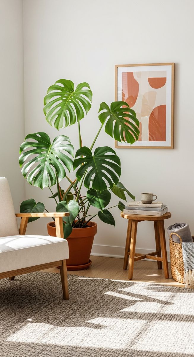 a large thriving monstera plant as a living room focal point, for monstera borsigiana