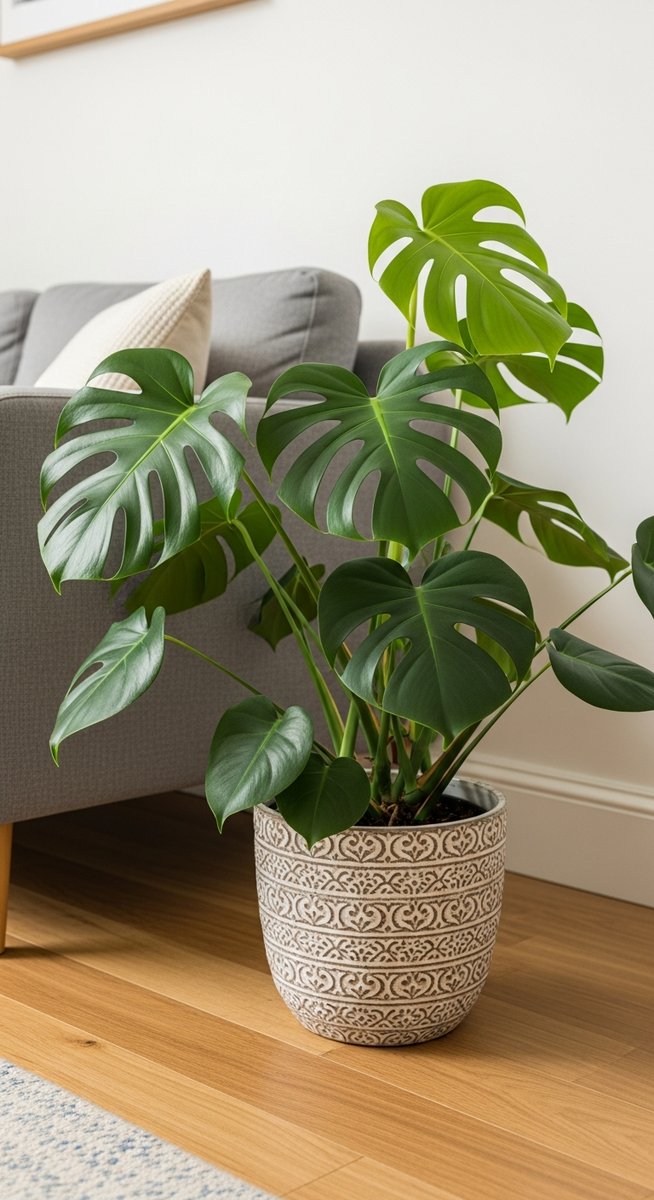 a monstera plant in a decorative pot on a wooden floor