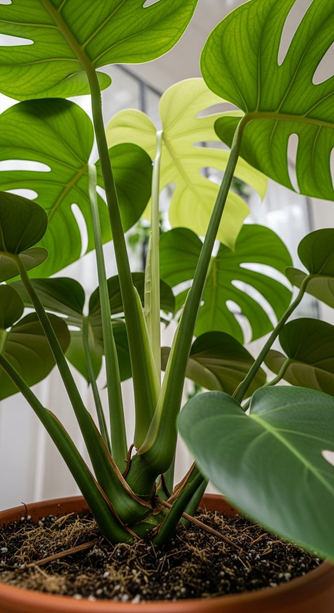 close-up of the base and lower leaves of a monstera plant, for monstera borsigiana