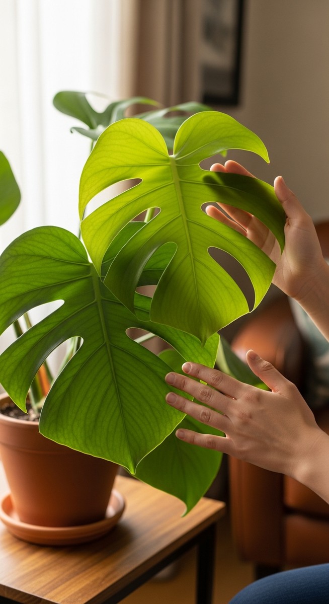 hands touching the leaves of a healthy monstera plant