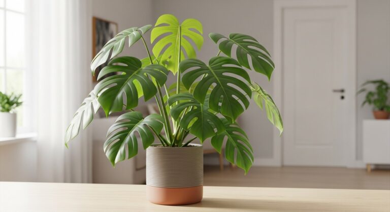 a healthy monstera plant displayed in a bright modern living room, for monstera borsigiana