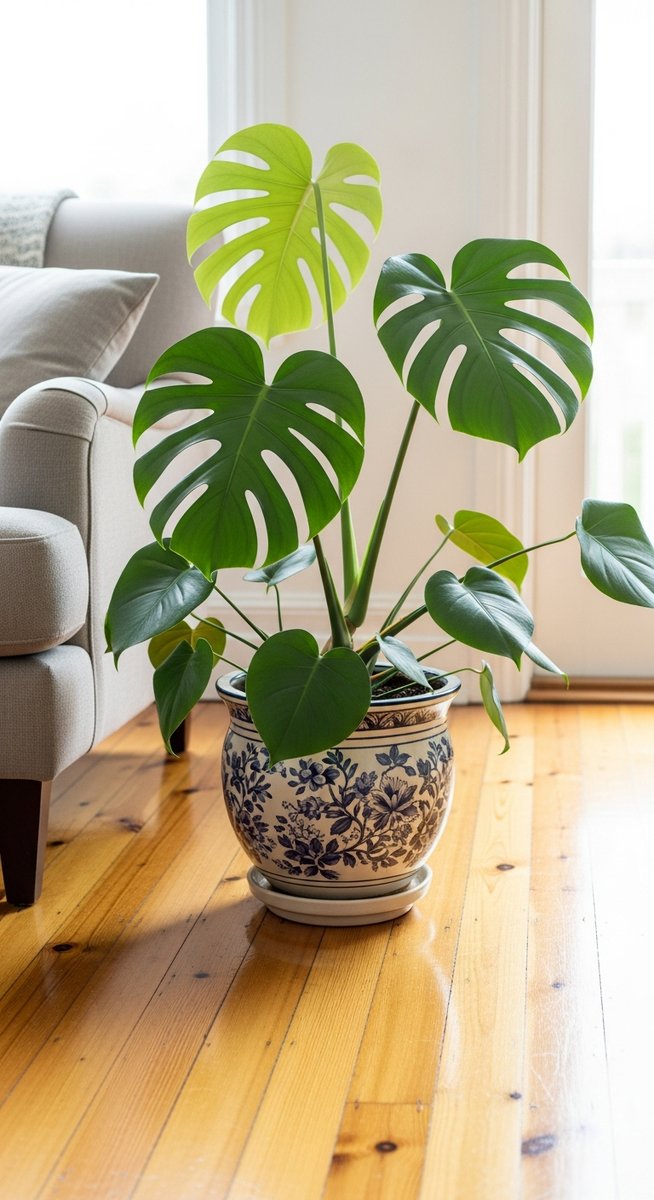 a monstera plant in a decorative pot on a wooden floor