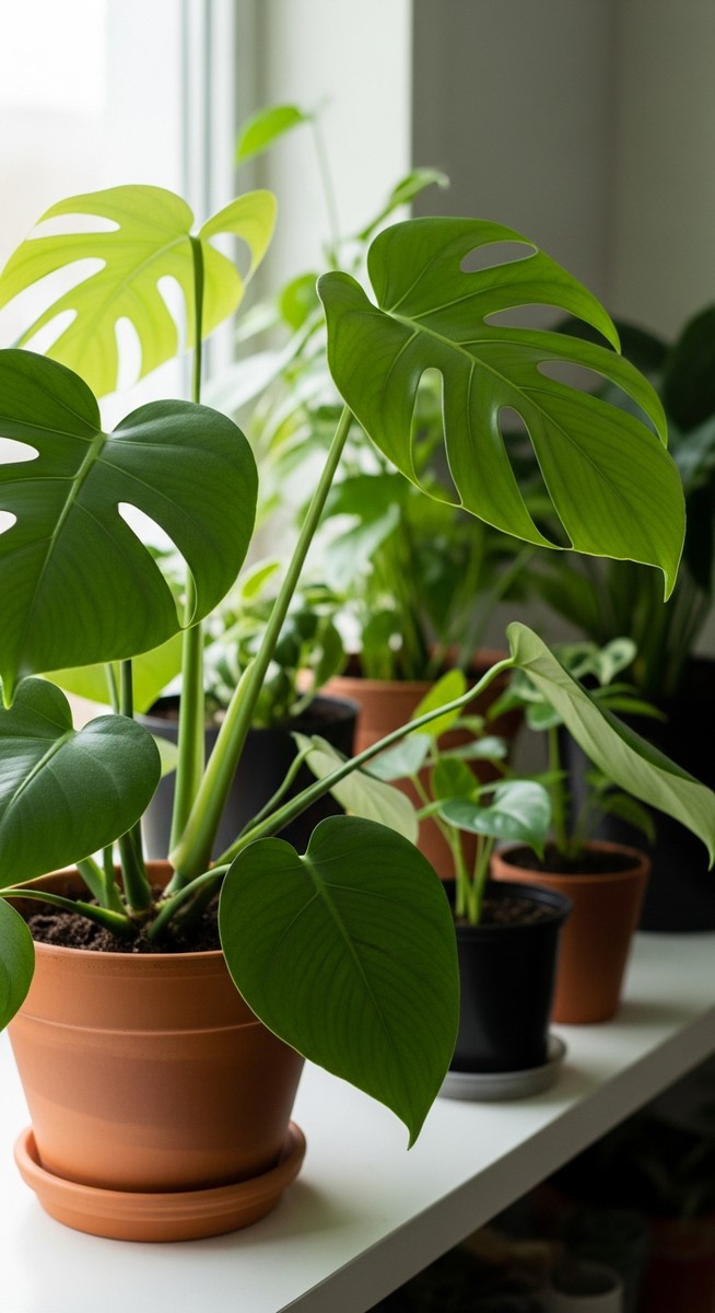 a lush monstera plant in a terracotta pot on a white shelf