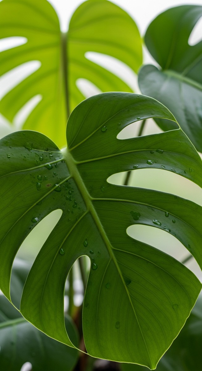 close-up of healthy monstera leaves showing vivid colour and texture, for monstera care