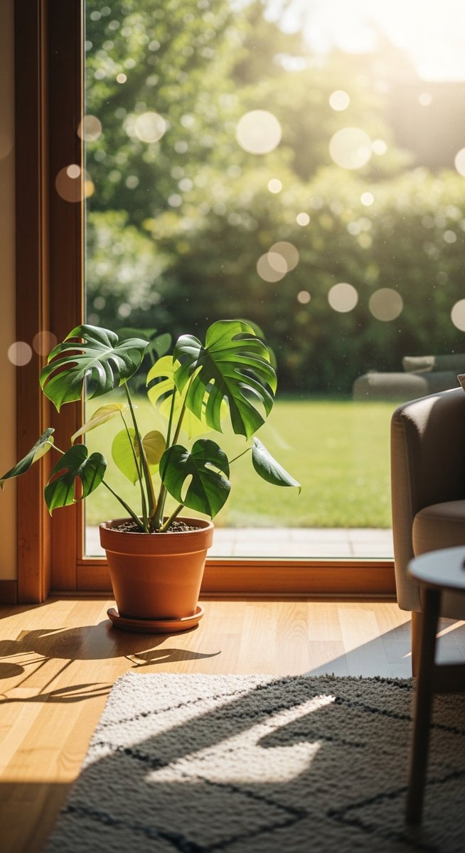 a monstera plant in a pot near a bright window