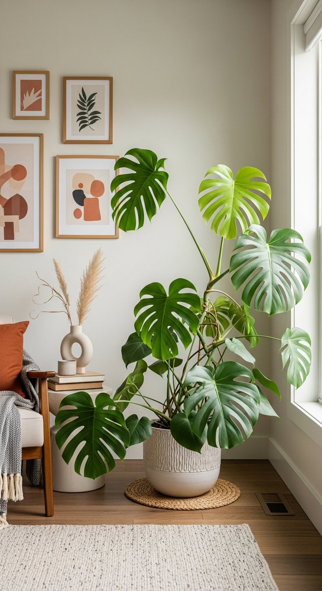 a large thriving monstera plant as a living room focal point, for monstera care