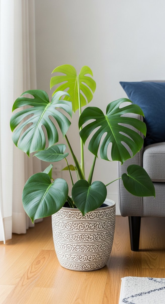 a monstera plant in a decorative pot on a wooden floor