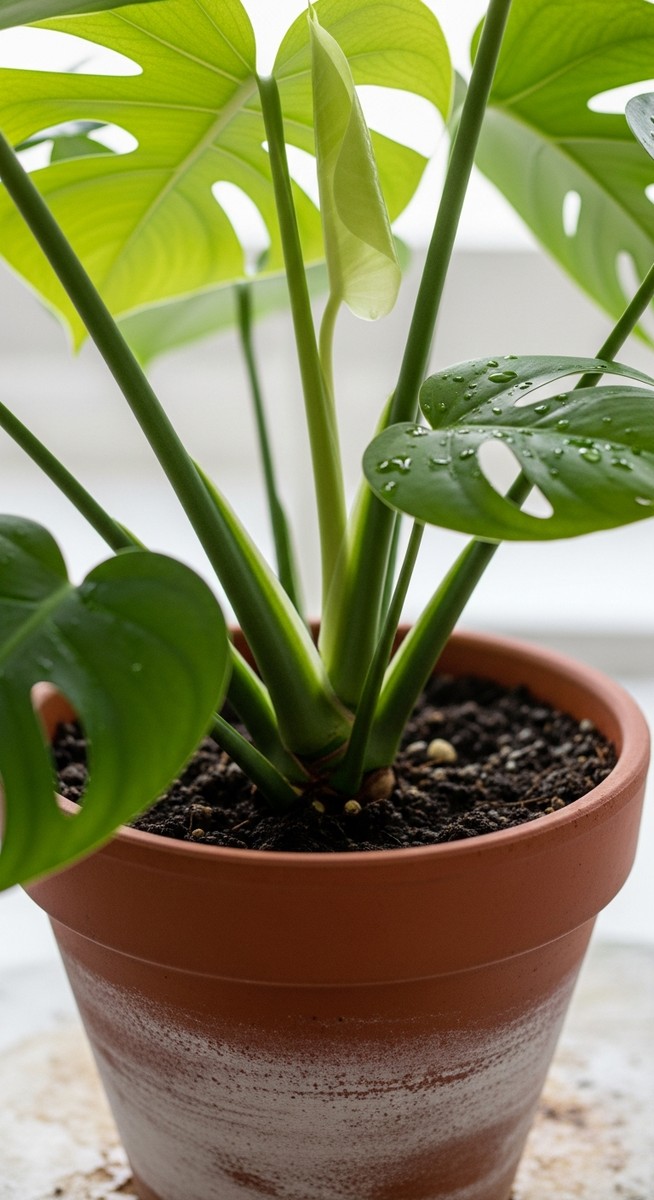 close-up of the base and lower leaves of a monstera plant, for monstera care