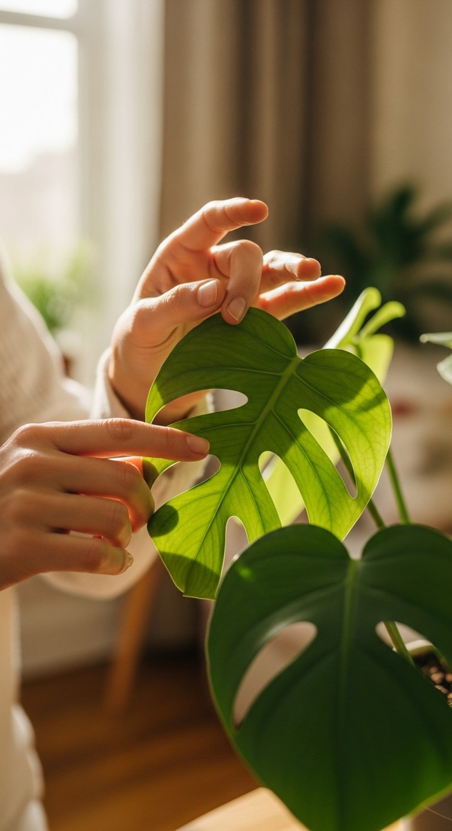 hands touching the leaves of a healthy monstera plant