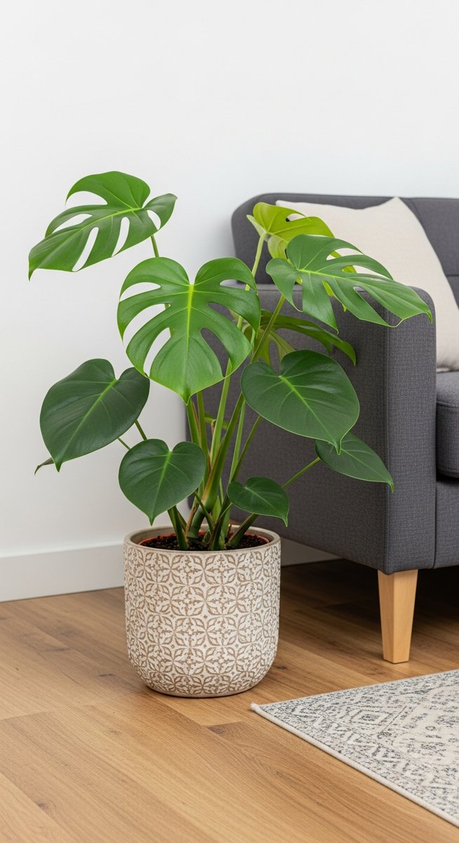 a monstera plant in a decorative pot on a wooden floor