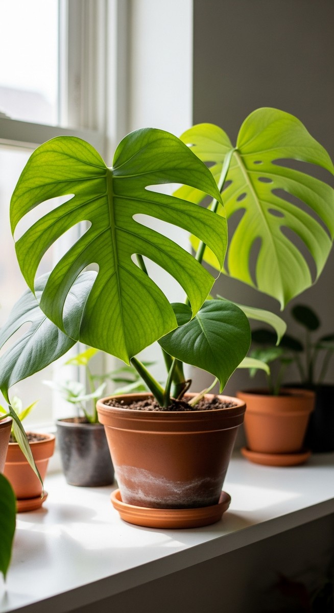 a lush monstera plant in a terracotta pot on a white shelf