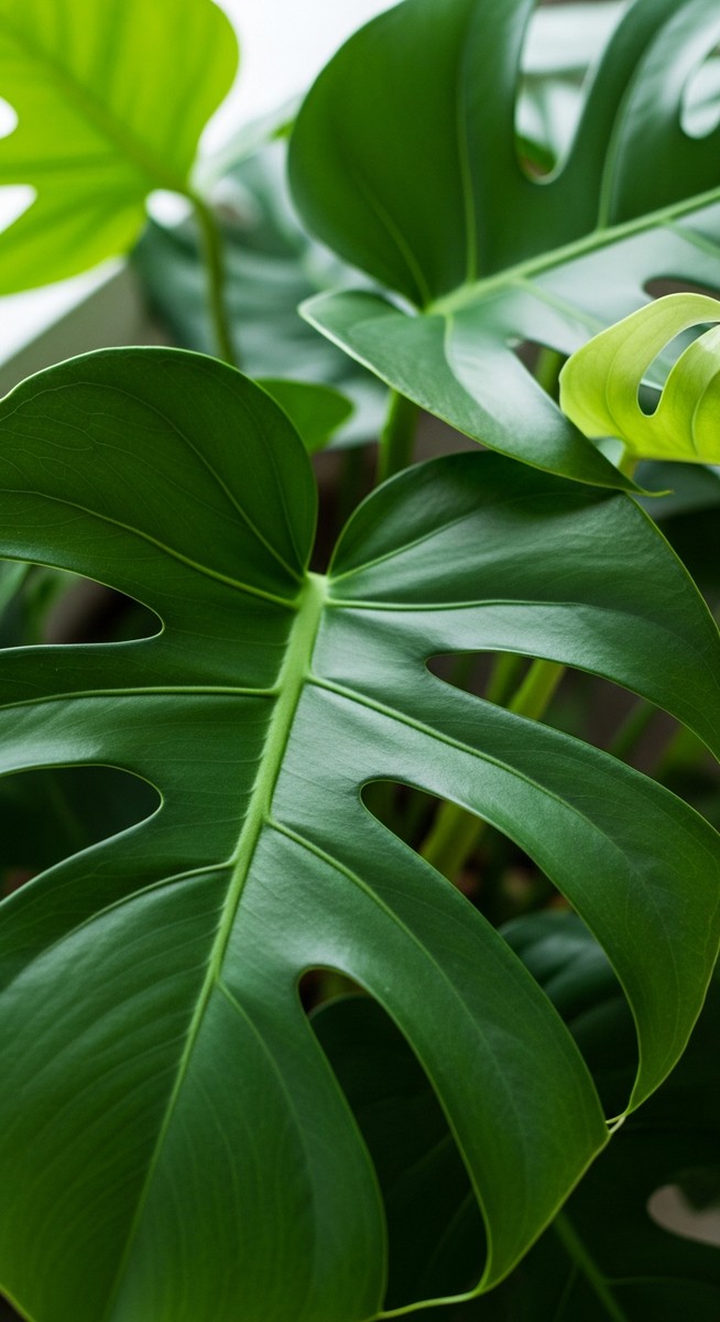 close-up of healthy monstera leaves showing vivid colour and texture, for monstera dissecta