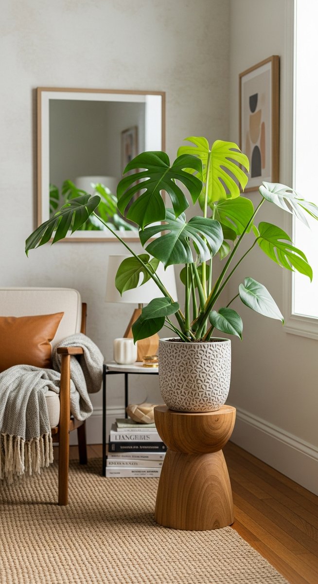 a large thriving monstera plant as a living room focal point, for monstera dissecta