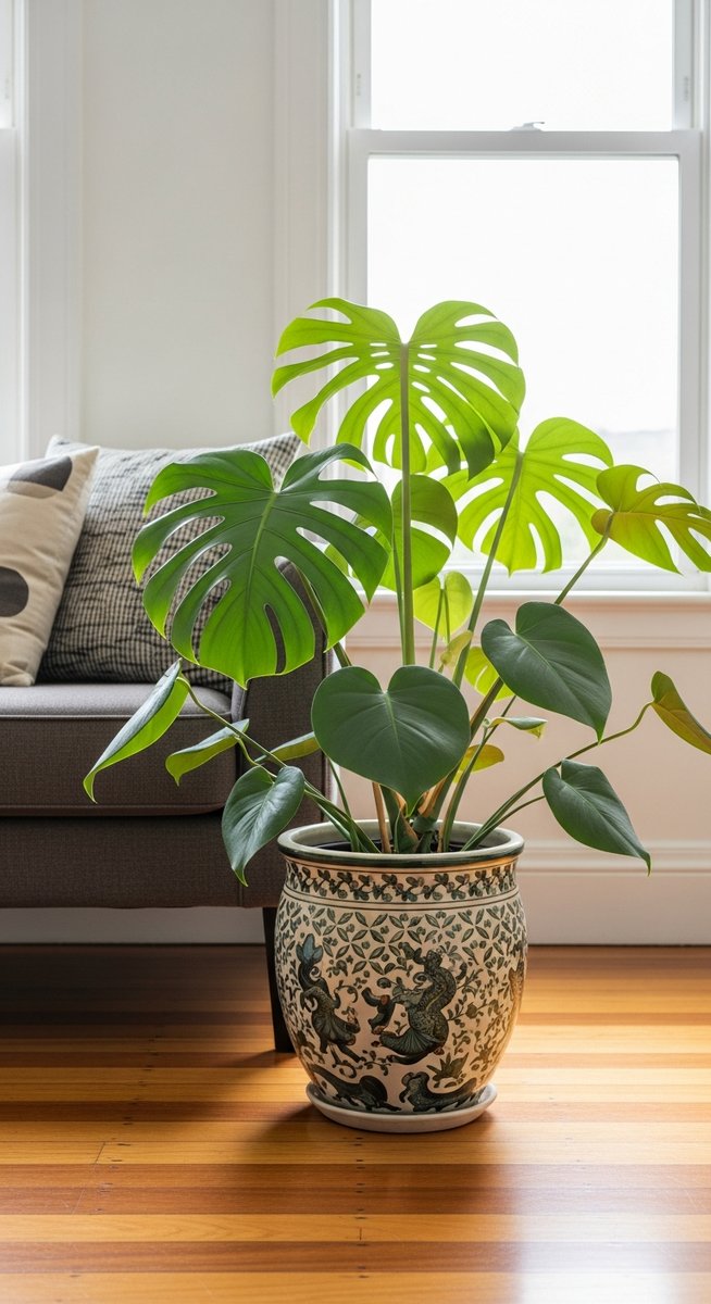 a monstera plant in a decorative pot on a wooden floor