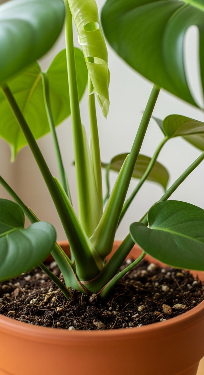 close-up of the base and lower leaves of a monstera plant, for monstera dissecta