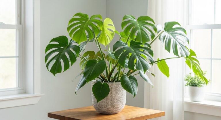 a healthy monstera plant displayed in a bright modern living room, for monstera dissecta
